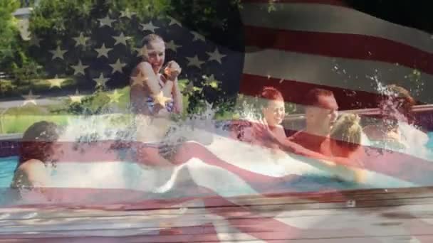 Composto Digital Grupo Amigos Diversos Comemorando Uma Piscina Enquanto Bandeira — Vídeo de Stock