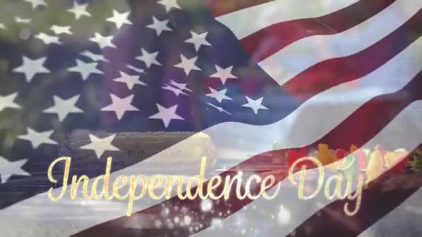 Digitale Animatie Van Een Gouden Onafhankelijkheidsdag Tekst Met Bokeh Lichten — Stockvideo