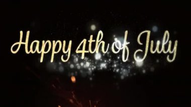Altın Dijital animasyon 4 Temmuz bokeh ışıkları ile tebrik parlak iken ışıklı ışıltı karanlık arka plan karşı titreşen