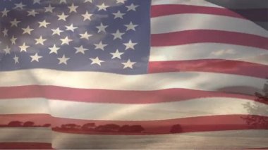 Amerikan bayrağı sallayarak dijital animasyon. Arka plan okyanusta kayalar ve ağaç silueti ve bulutlar ile gökyüzünün görünümünü gösterir.