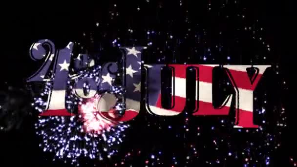 黒い背景がカラフルな花火が爆発を示している間 アメリカの旗のデザインが画面にズームアウトして7月4日のテキストのデジタルアニメーション — ストック動画