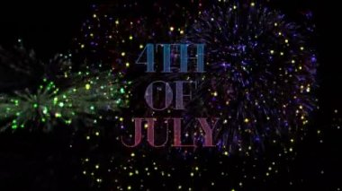 Siyah arka plan üzerinde patlayan renkli havai fişek ile 4 Temmuz metin dijital animasyon
