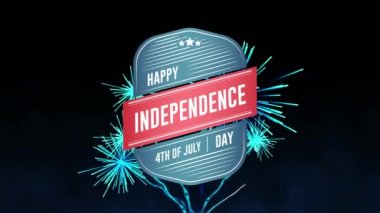 Mutlu Bağımsızlık Günü dijital animasyon, mavi havai fişek siyah arka plan üzerinde patlayabilir ken rozeti metin ekranda uzaklaştırma 4 Temmuz metin