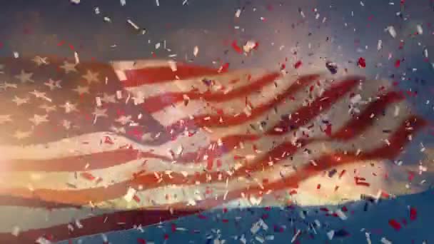 Animación Digital Bandera Estadounidense Ondeando Mientras Colorido Confeti Explota Pantalla — Vídeos de Stock