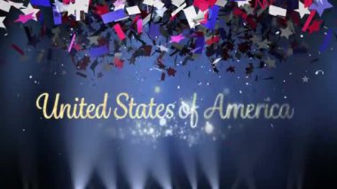 Arka plan yavaş yavaş ekrana düşen ışıklar hareketli ve renkli konfeti gösterir ken altın Amerika Birleşik Devletleri metin dijital animasyon gümüş bokeh ışıkları ile