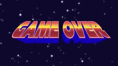 Game Over metin dijital animasyon u ekranda hareket eden yıldızlar ile galaksinin arka plan ile ekranda yakınlaştırma.