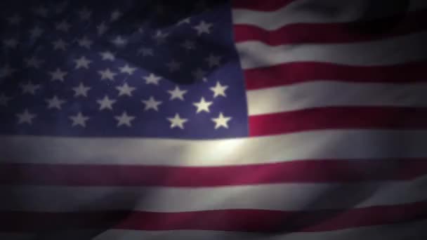 赤い花火が爆発し アメリカ国旗が振る背景を持つボケライトを持つ金の米国のテキストのデジタルアニメーション — ストック動画