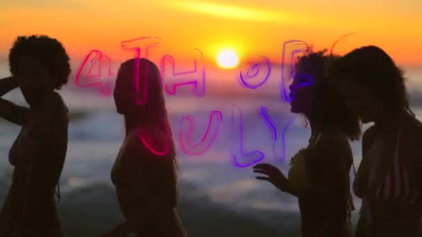 Digital Composite Diverse People Partying Beach Sunset While 4Th July — Stock Video