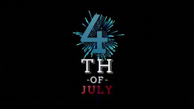 Renkli havai fişek arka planda patlarken 4 Temmuz metin dijital animasyon ekranda uzaklaştırma.