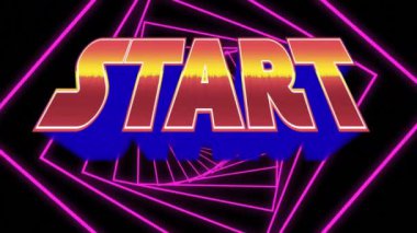 Arka plan siyah bir arka plan aleyhine yakınlaştırma menekşe fütüristik tünel gösterirken ekranda görünen Başlat metninin dijital animasyon.