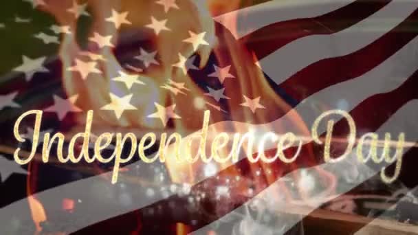Digital Animation Gold Independence Day Text Appears Screen While Fire — Stock Video