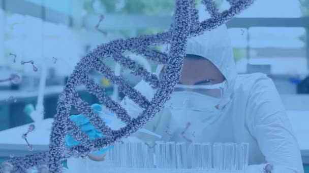 Dna Çift Sarmal Molekül Modelleri Ile Ekranda Dönerken Laboratuvarda Sıvıyı — Stok video