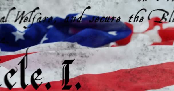 태그가 국기에 떨어지는 화면에 미국의 헌법의 디지털 애니메이션 — 비디오