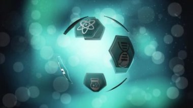 Bokeh ışıkları arka planda hareket ederken altıgen farklı tıbbi simgelerin dijital animasyon ekranda spherically dönen düzenlenmiş.