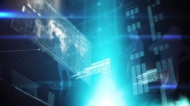 Grafikler, veriler ve dönen bir küre ile fütüristik bir arayüz dijital animasyon. Arka plan, program kodlarını, iş adamlarının siluetini ve hareket eden asimetrik çizgileri gösterir.
