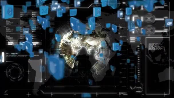 Цифровая Анимация Различных Иконок Онлайн Приложений Синих Квадратах Перемещается Вверх — стоковое видео