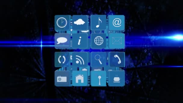 Цифровая Анимация Различных Иконок Синих Квадратах Расположенных Кубе Вращающемся Экране — стоковое видео