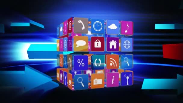 Digital Animation Different Online Application Icons Colorful Squares Arranged Cube — Stock Video