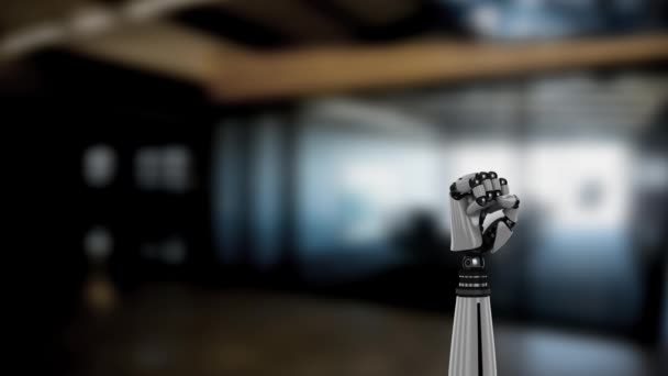 Цифровая Анимация Роботизированной Руки Открытием Закрытием Ладони Вращении Размытом Фоне — стоковое видео