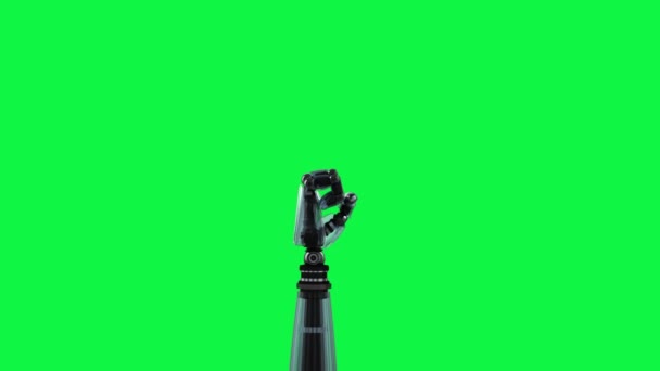 緑の背景に対して回転しながら手のひらを開閉する黒いロボットハンドのデジタル生成アニメーション — ストック動画
