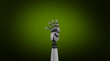 Vinyet ile yeşil bir arka plan aleyhine dönerken avuç içi açma ve kapama ile robotik el dijital olarak oluşturulan animasyon.