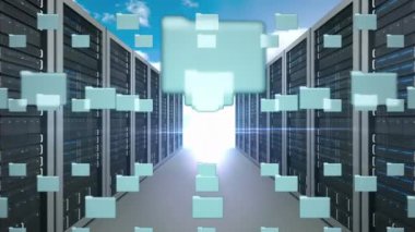 Program kodları etrafında hareket ederken dijital kilit simgesi oluşturmak için ekrandan uzaklaştırılan dijital karelerin dijital animasyonu. Arka plan sunucu kuleleri bir koridorun sonunda bulutlar ile gökyüzü gösterir.