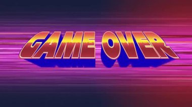 Arka plan renkli çizgilerle mavi ve kırmızı degrade gösterirken Oyun Üzerinden metin ekranda yakınlaştırma dijital animasyon.