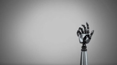 Vinyet ile gri arka plan karşı dönerken avuç içi açma ve kapatma ile robotik el dijital olarak oluşturulan animasyon.
