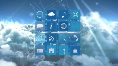 Farklı çevrimiçi animasyon ve mavi kareler uygulama simgeleri bir küp dönen düzenlenmiş ise farklı grafikler asimetrik çizgiler ile bağlı arkasında hareket eder. Arka plan bulutlarla gökyüzünü gösterir.