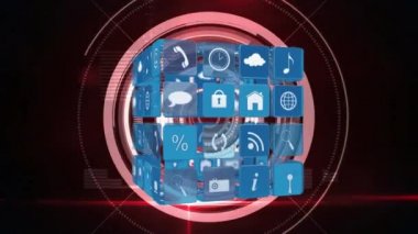 Farklı çevrimiçi animasyon ve mavi kareler uygulama simgeleri ekranda dönen bir küp düzenlenmiş. Karanlık arka plan, program kodları ekranda hareket ederken yakınlaştırma yaparken fütüristik çevrelerin yakınlaştırını gösterir.