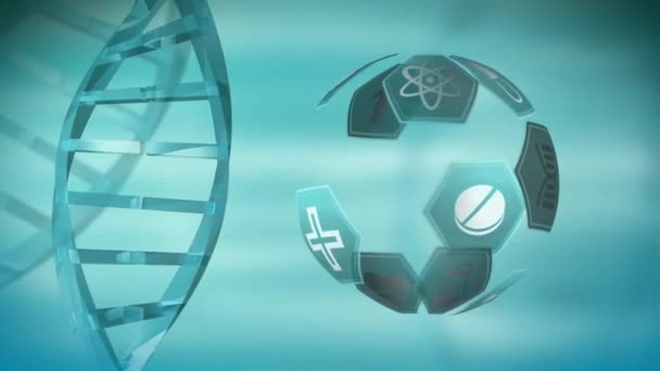 Animation numérique de différentes icônes médicales en hexagones disposés dans une sphère tournant à côté d'une double hélice d'ADN sur un fond bleu .