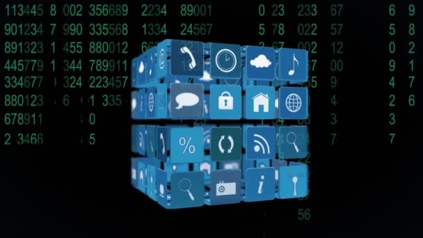 Digital Animation Different Online Application Icons Blue Squares Arranged Cube — Stock Video