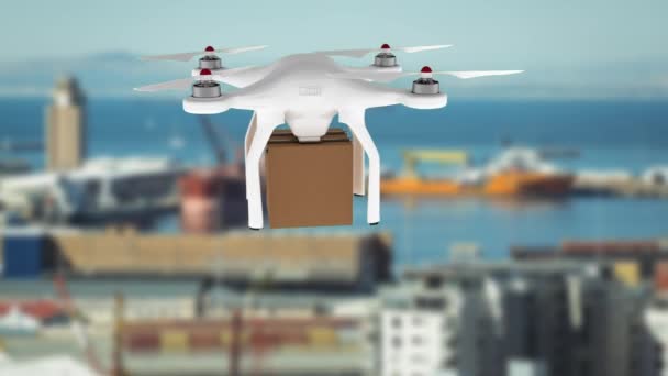 Digital Animation White Drone Carrying Cardboard Box While Hovering Port — Stock Video