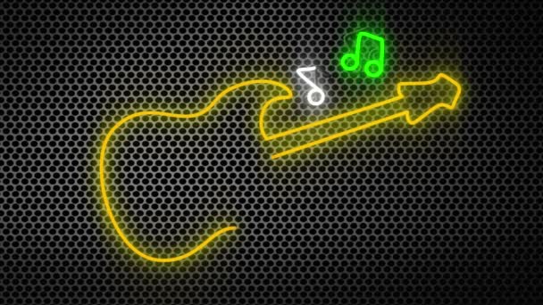 黒と銀の円パターンの背景に対してネオンライトで画面内を移動するエレキギターと音符の輪郭のデジタルアニメーション — ストック動画