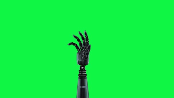 緑の背景に対して回転しながら手のひらを開閉するロボットハンドのデジタル生成アニメーション — ストック動画