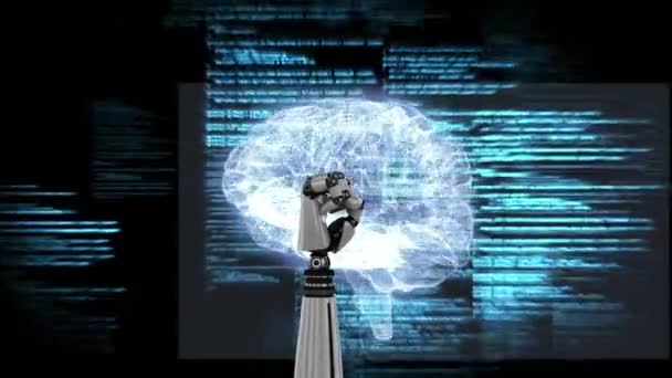 回転しながら手のひらを開閉するロボットハンドのデジタル生成アニメーションとデジタル脳が暗い背景に対して回転し プログラムコードがズームイン — ストック動画