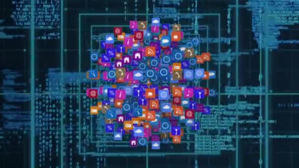 프로그램 코드가 사각형 패턴과 백그라운드에서 이동하는 화면에서 다채로운 사각형에서 온라인 — 비디오