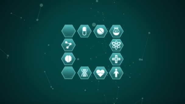 Цифровая Анимация Различных Медицинских Икон Синем Шестиугольнике Расположенная Квадрате Движущемся — стоковое видео