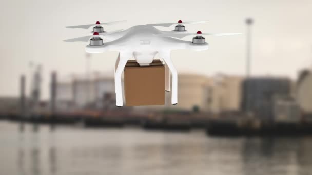 Digital Animation White Drone Hovering While Carrying Cardboard Box Background — Stock Video
