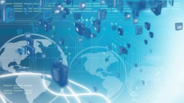 Kareler halinde ki çevrimiçi ve uygulama simgelerinin dijital animasyonu yukarı doğru hareket eder ve ekranın sol tarafında dönen küre. Mavi arka plan dijital devre ve dünya gösterir.