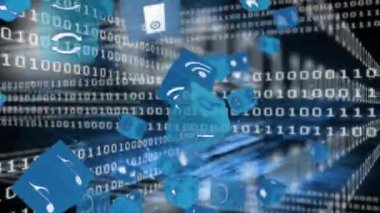 Siyah arka plan aleyhine hareket eden program kodları ile ekrana düşen mavi küpler farklı online ve uygulama simgeleri dijital animasyon.
