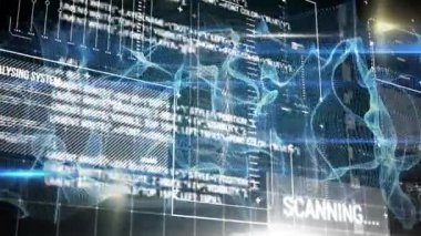 Program kodları, farklı grafikler, dünya haritası ve farklı grafiklerle ekranda hareket eden dijital arayüzün dijital animasyonu. Arka plan, ekranda akan mavi duman benzeri efekti gösterir.