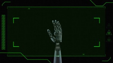 Siyah bir arka plan aleyhine dönerken avuç içi açılıp kapanan robot el ile yeşil görüş bulucu dijital olarak oluşturulan animasyon.