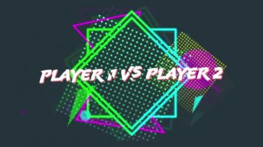 Player 1 vs Player 2'nin dijital animasyonu, arka planda koyu gri bir arka plana yanıp sönen farklı renklerde farklı şekiller gösterirken uzaklaştırırken.
