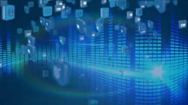 Arka plan ses ses göstergeleri üzerinde internet simgeleri ve sembollerin dijital animasyon. Arka planda yanıp sönen ışıklar var.