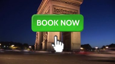 Kitabın dijital animasyonu şimdi düğmeye ve ona doğru işaret eden el simgesi. Arka plan Fransa'da Arc de Triomphe olduğunu