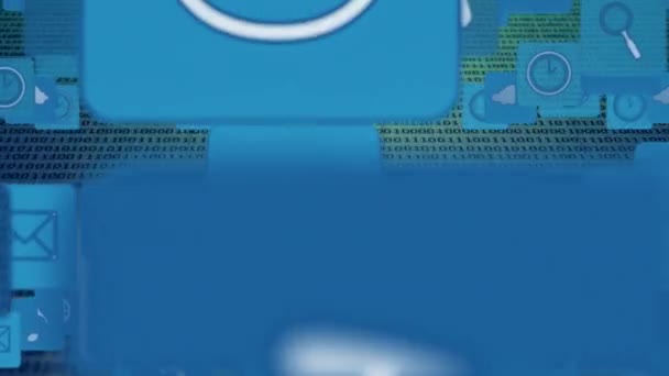 Animation numérique d'icônes Internet et de symboles pour les médias sociaux. Les codes binaires remplissent le fond 