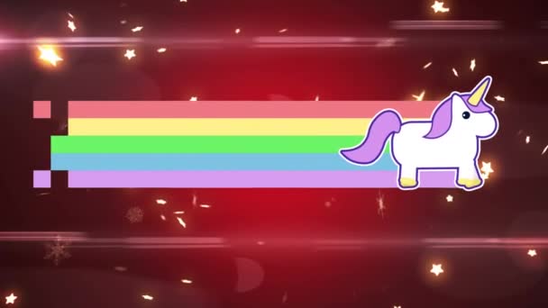 Animación Digital Unicornio Corriendo Través Una Pantalla Estrellada Mientras Deja — Vídeo de stock