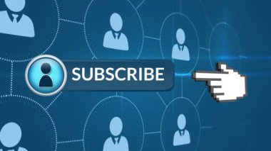 Ona doğru işaret el simgesi ile abone düğmesinin dijital animasyon. Arka plan sosyal medyada profil simgeleri ağı ile doludur