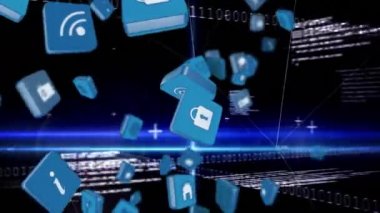 İkili kodları ve program kodları bir arka plan ile internet simgeleri ve sembollerin dijital animasyon. Arka planda ışık demetleri var.